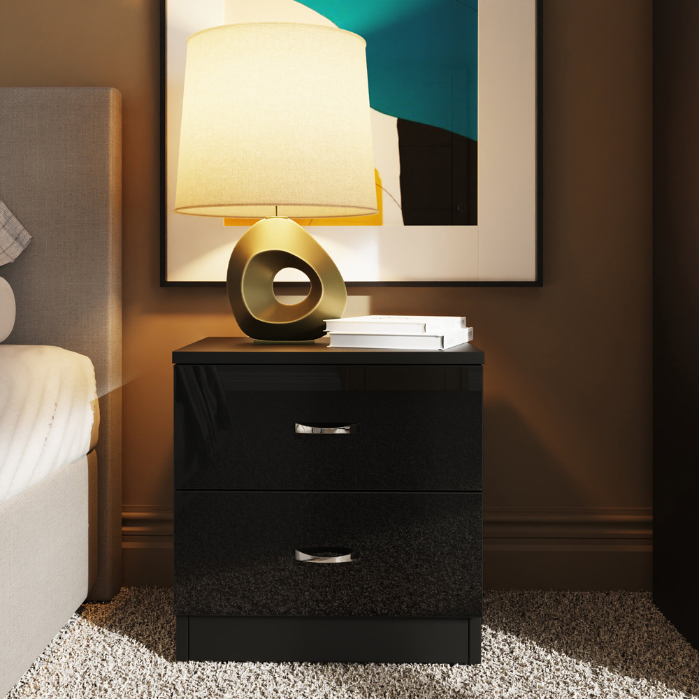 FWStyle Chilton 2 Drawer Black Gloss Bedside Table Image 6