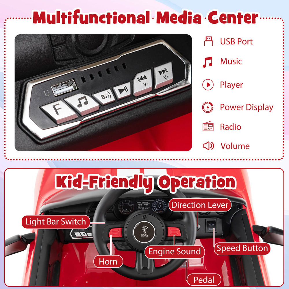 Costway Kids Red Licensed Ford Mustang Shelby GT500 Electric Ride On Car 12V Image 6