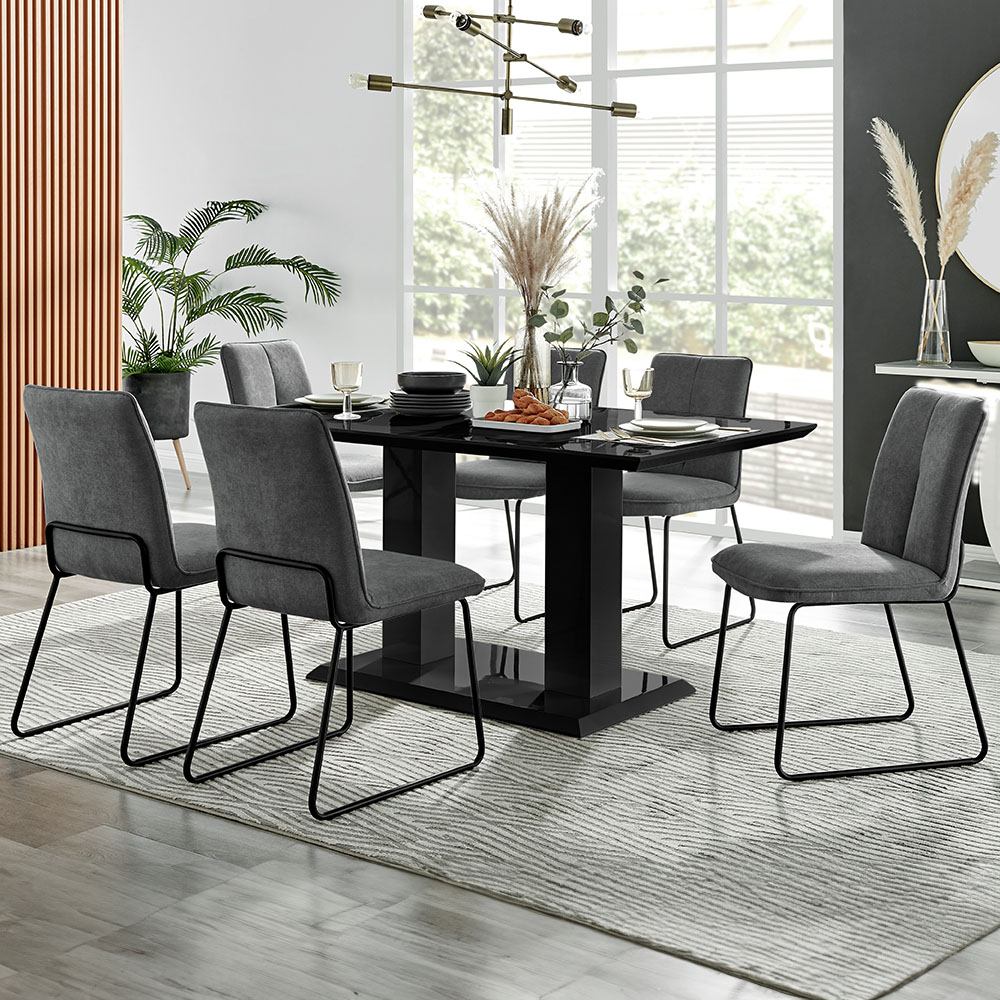 Furniturebox Molini Harley 6 Seater Dining Set Black Gloss and Dark Grey Image 1