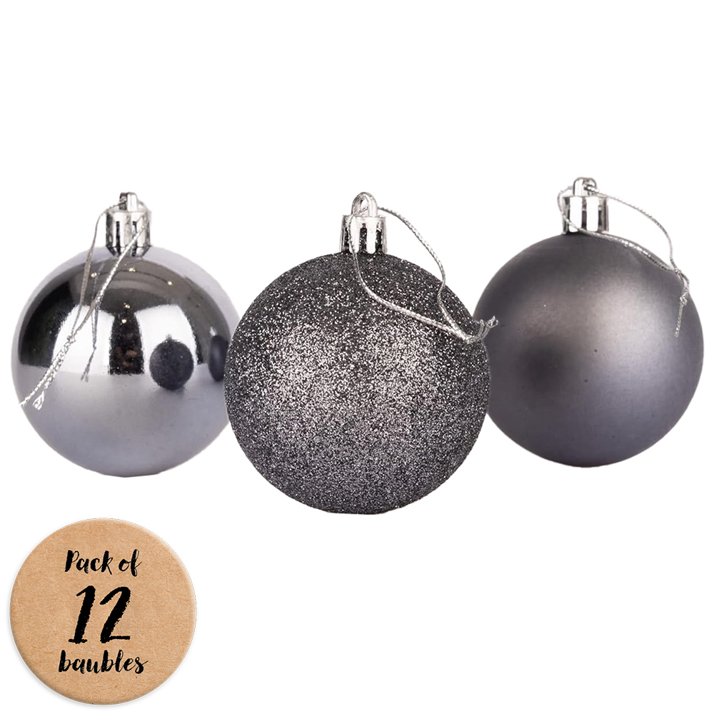 Shatchi 5cm Dark Grey Shatterproof Christmas Baubles 12 Pack Image 1