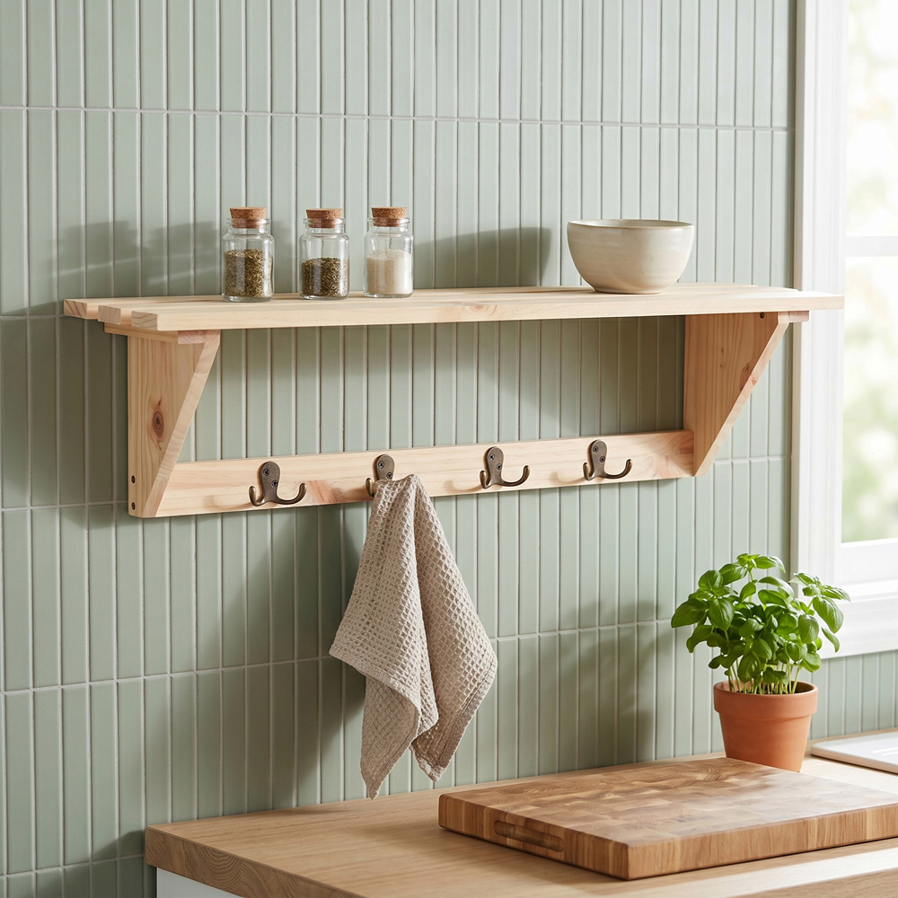 Core Products Single Shelf Solid Pine Pre-Sanded Hat and Coat Shelf Kit with Hooks Image 2