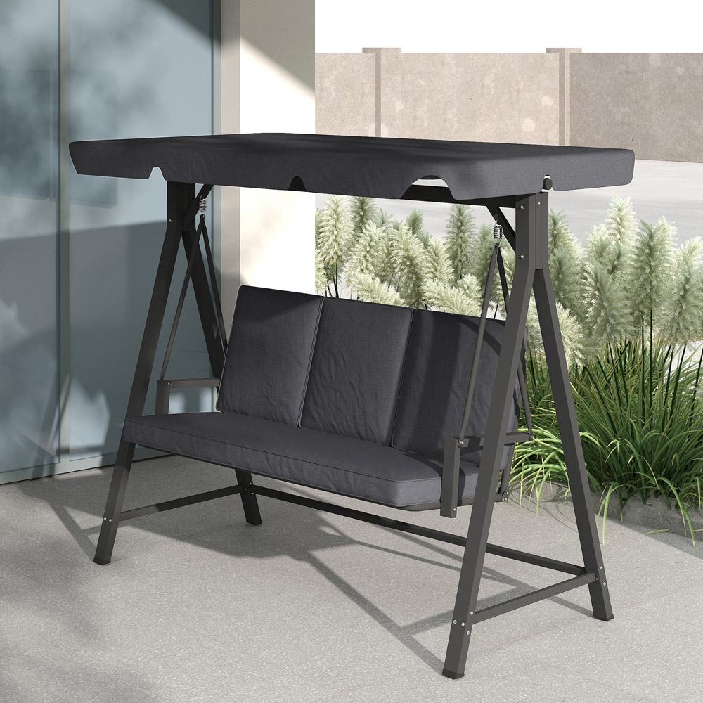 Outsunny 3 Seater Grey Garden Swing Bench with Adjustable Canopy and Cushion Image 4