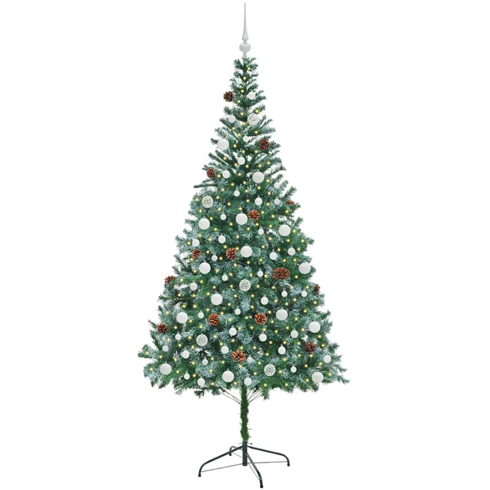 vidaXL Pre-Lit White Baubles Green Artificial Christmas Tree 7ft Image 1