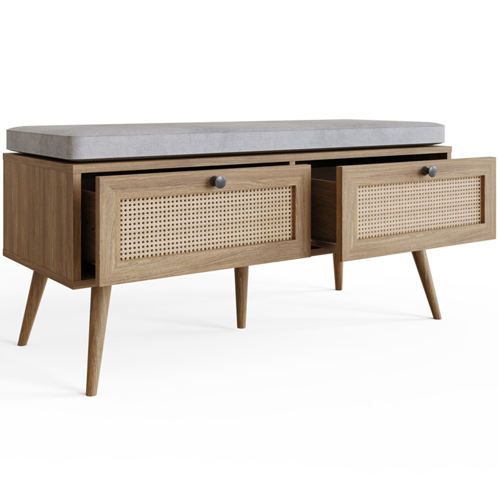 GFW Noor 2 Drawer Oak Rattan Shoe Cabinet with Cushioned Seat Image 4