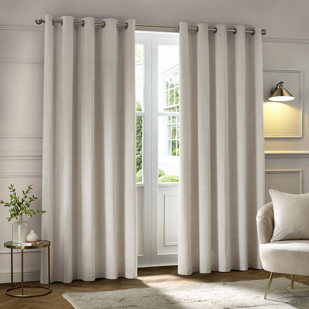 Paoletti Neptune Ivory Fully Lined Velvet Eyelet Curtains 168 x 183cm Image 1