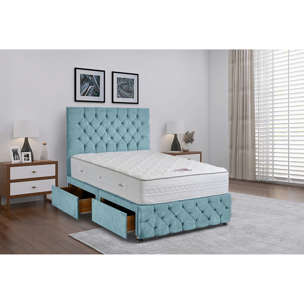Eleganza Home Comfyzone Small Double Duck Egg Plush Velvet Divan Bed with Chesterfield Headboard Image 2