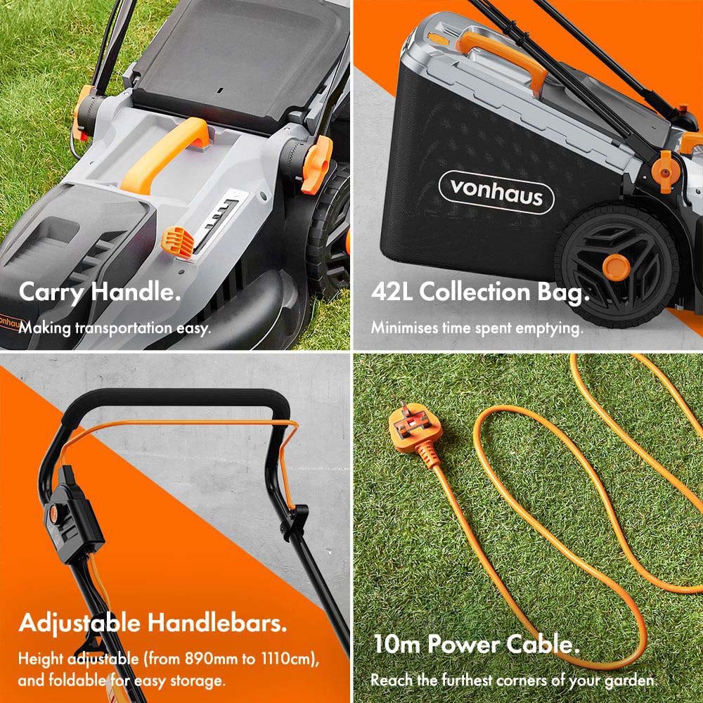 VonHaus 2515382 1600W Hand Propelled 38cm Rotary Electric Lawn Mower Image 6