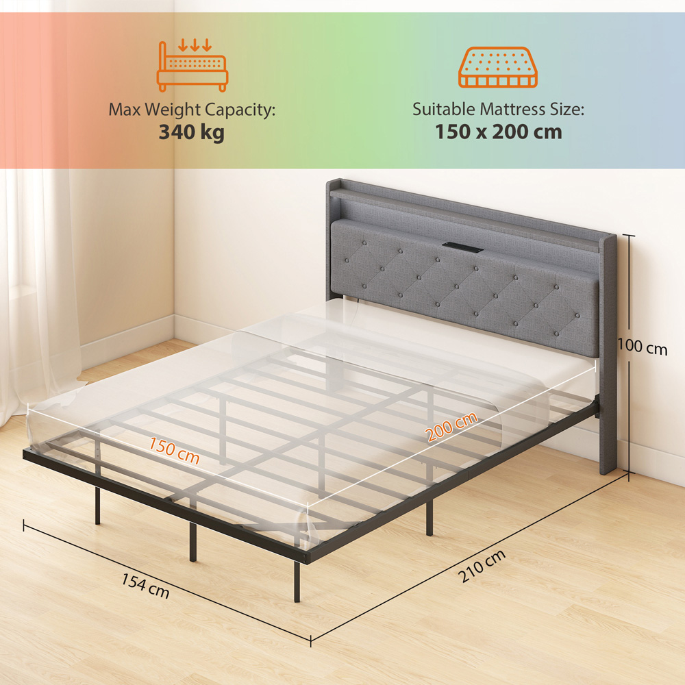 Portland King Size Grey Upholstered Floating Bed Frame with RGB LED Lights Image 9