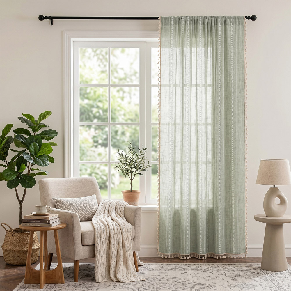 Living and Home Light Green Boho Tassel Faux Linen Curtain 132 x 180cm Image 7