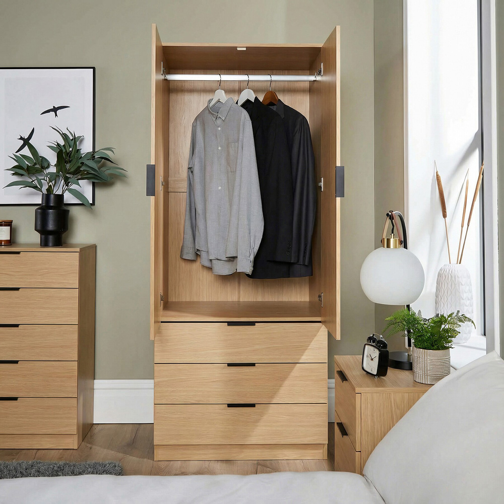 Home Source Phoenix 2 Door 3 Drawer Oak Effect Wardrobe Image 8