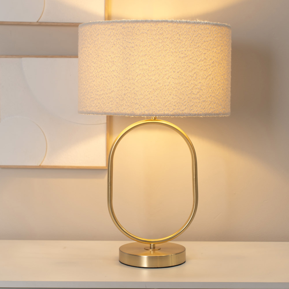 ValueLights Antonia Cream Boucle Drum Shade Brushed Gold Oval LED Table Lamp Image 2