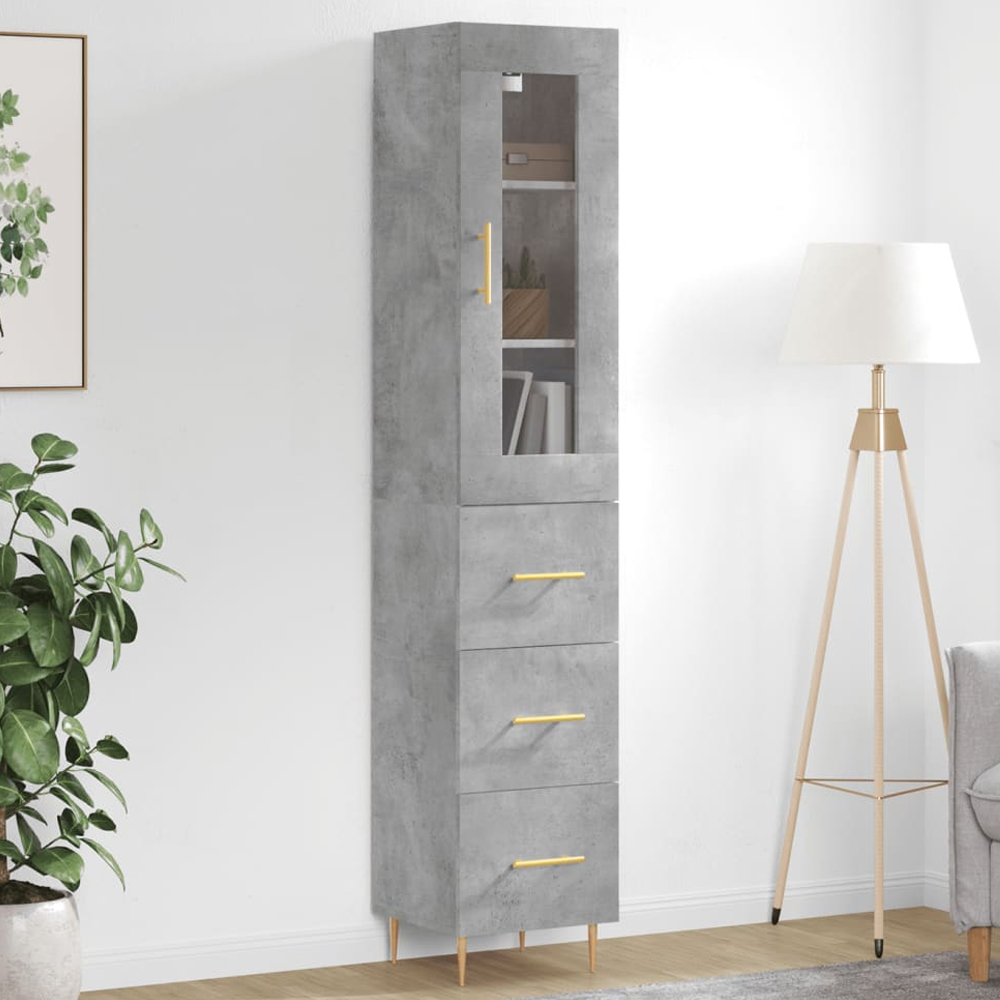 vidaXL Single Glass Door 3 Drawer Concrete Grey Highboard Image 1