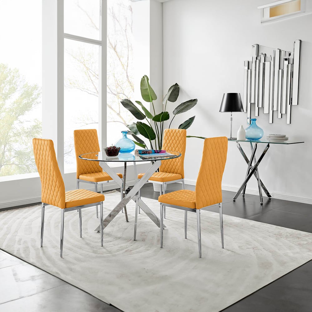 Furniturebox Arona Valera 4 Seater Round Dining Set Mustard Yellow and Chrome Image 9