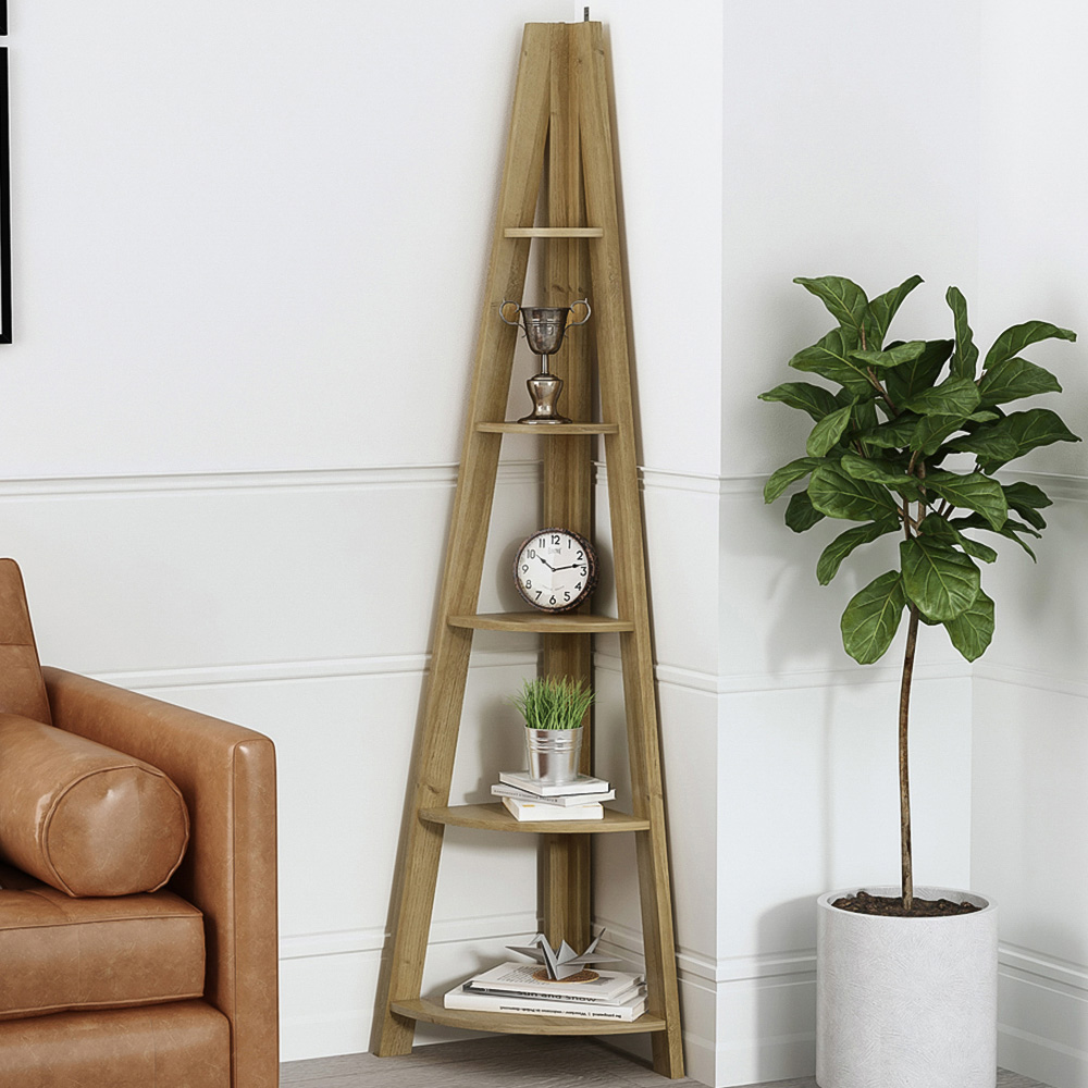 Tiva 5 Shelf Oak Corner Ladder Bookcase Image 1