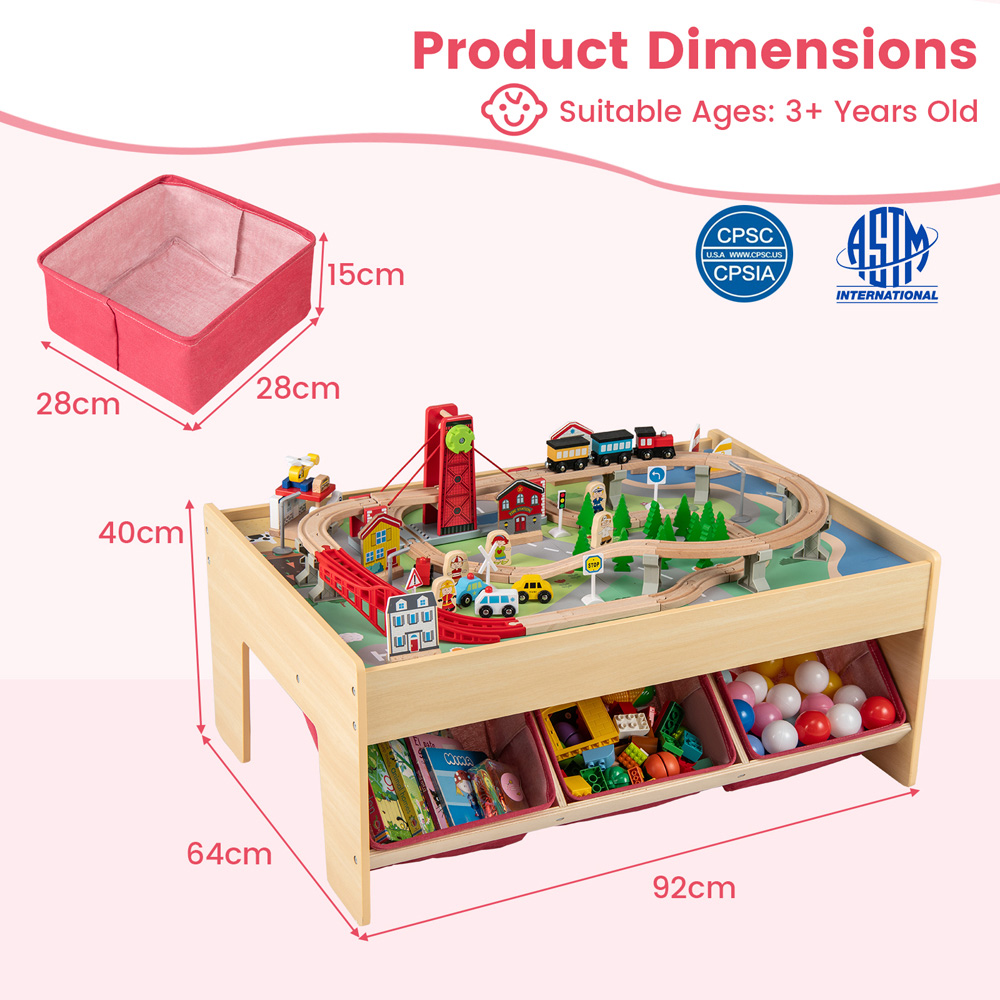 Costway Red 3 Fabric Drawer Wooden Train Set Table with Reversible Tabletop Image 7