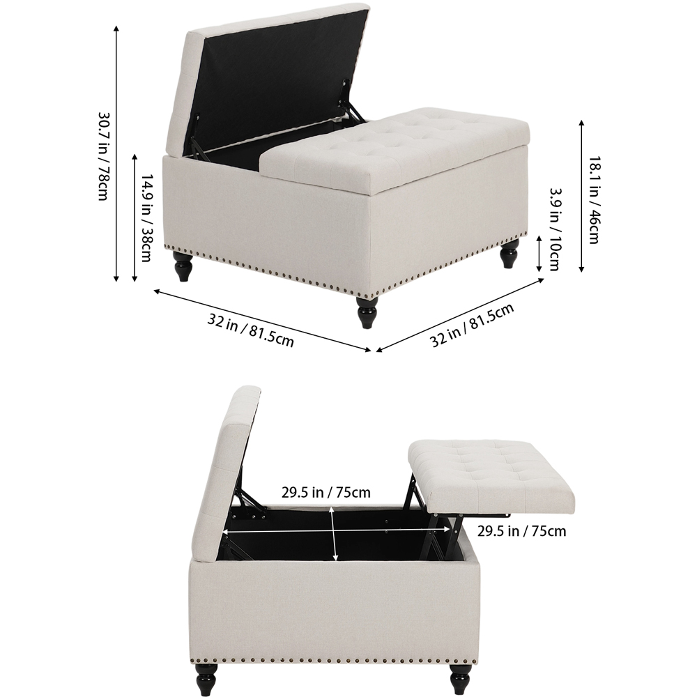 Living and Home Beige Square Linen Upholstered Lift Top and Flip Storage Ottoman Image 9