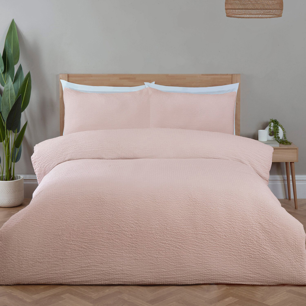 Seersucker Washable Duvet Set Blush Superking Image 1