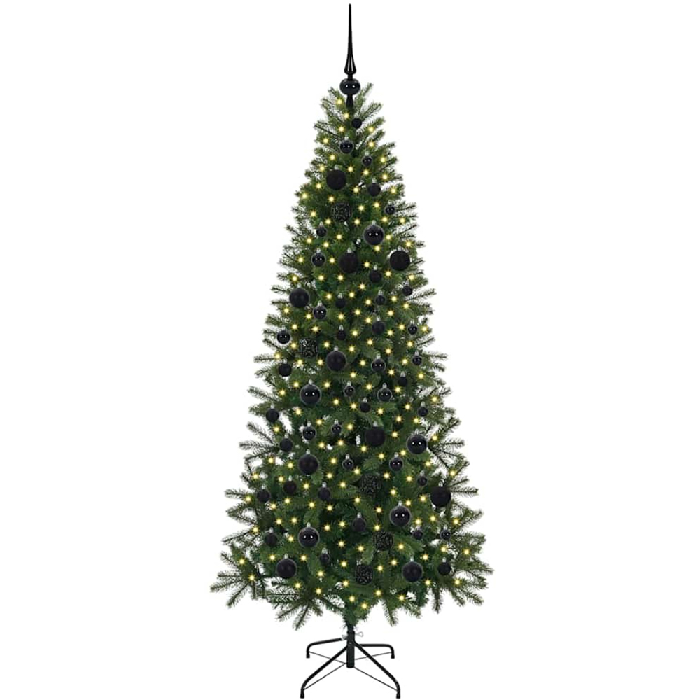 vidaXL Pre-Lit Black Baubles Green Artificial Christmas Tree 6ft Image 1
