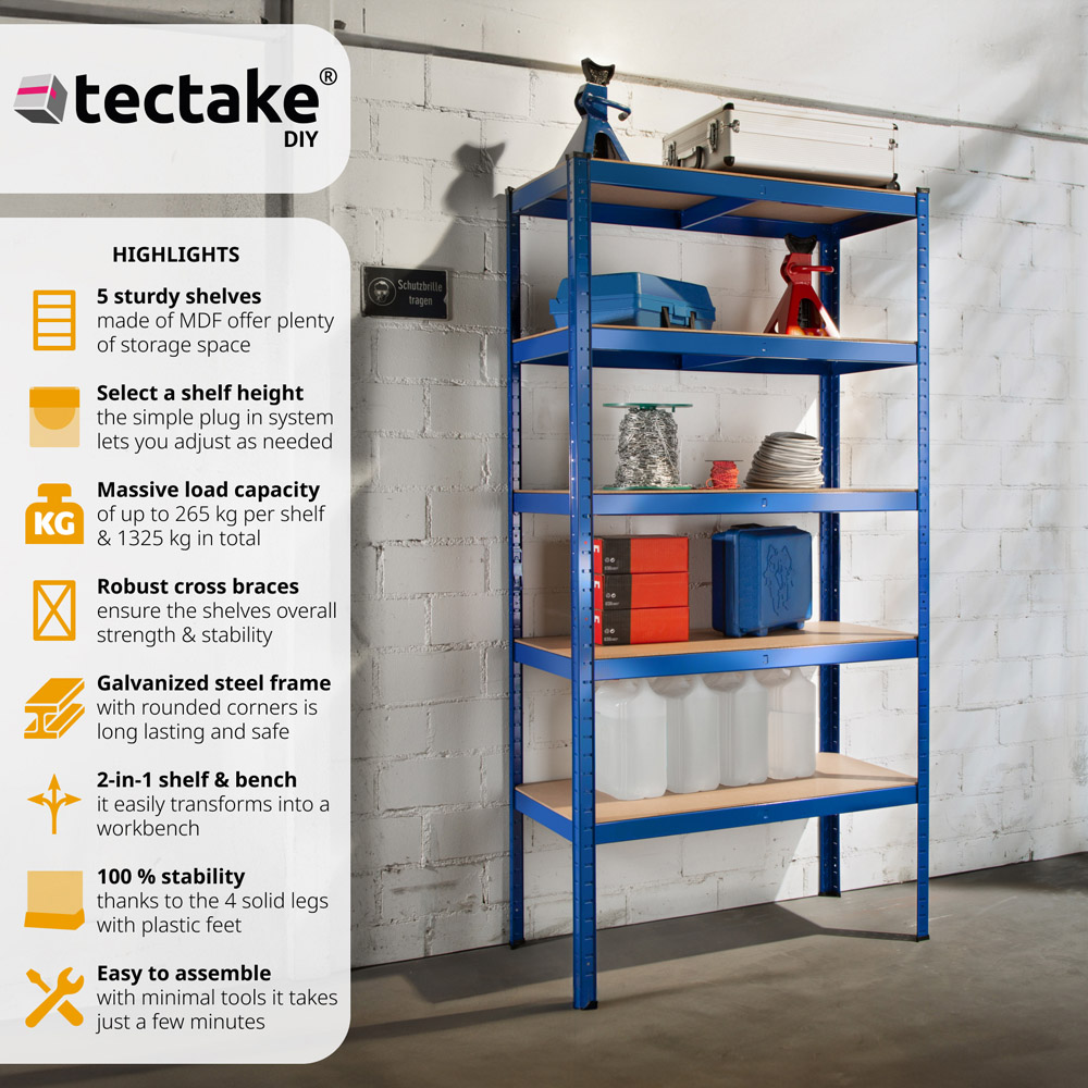 tectake 5 Tier Blue Heavy Duty Garage Shelving Unit Image 3