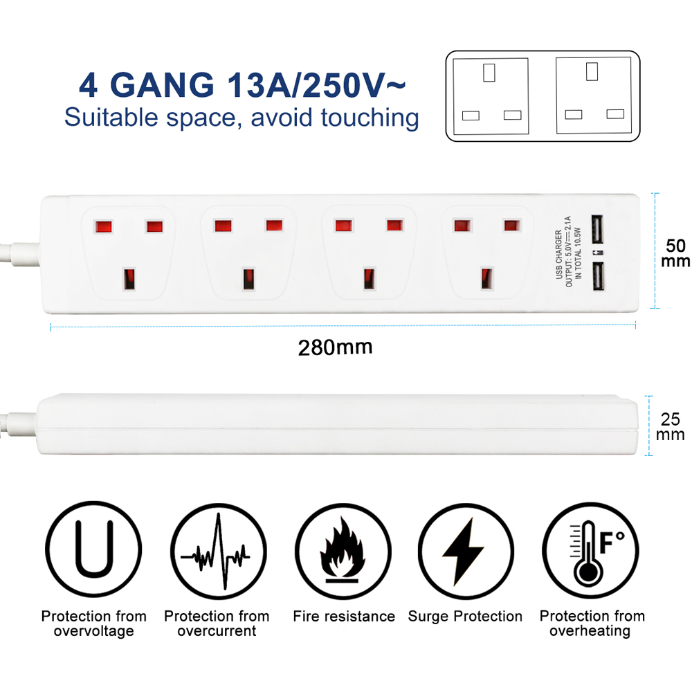 ExtraStar 13A 3m 4 Socket White Unswitched Extension Lead with 2 USB Port Image 4