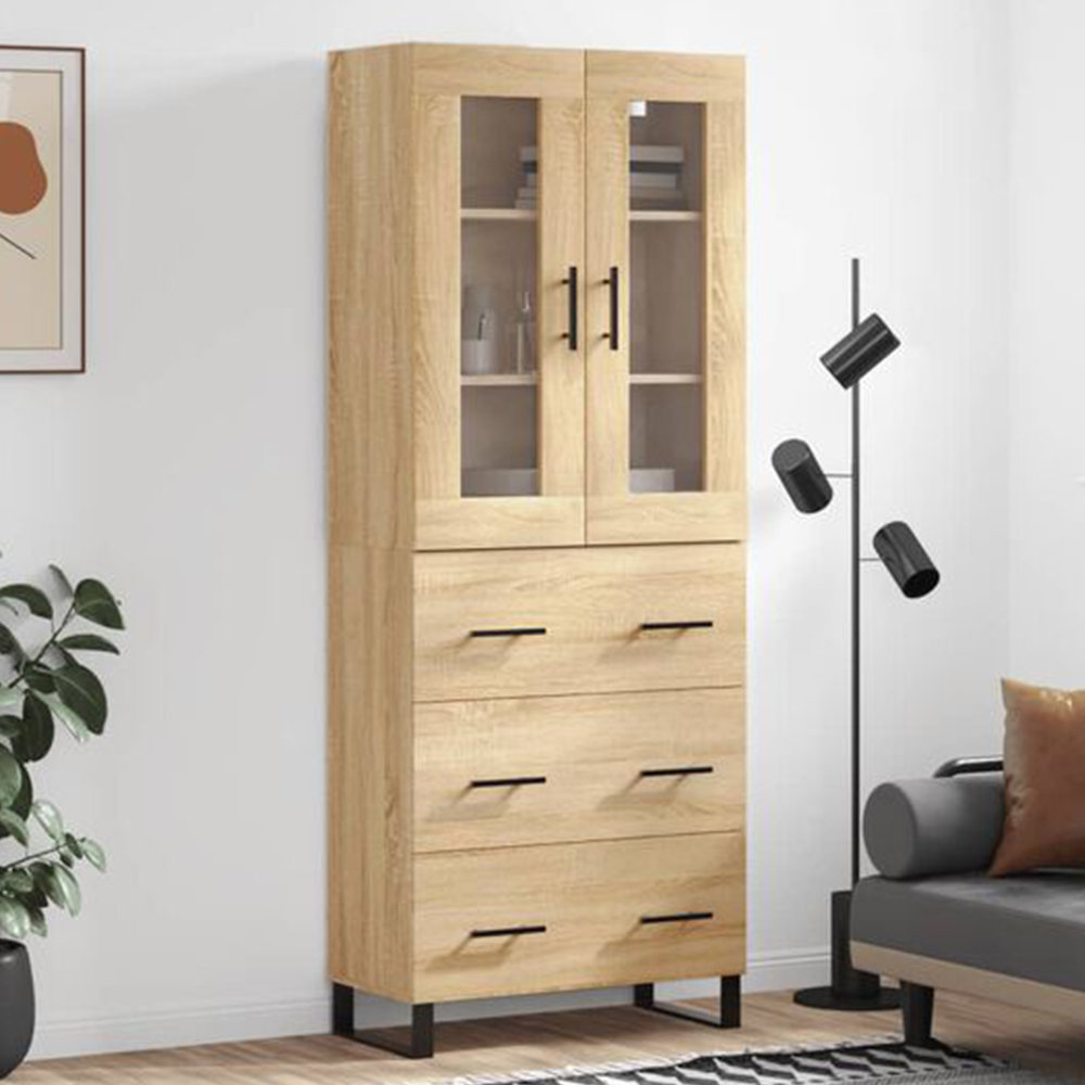 vidaXL 2 Glass Door 3 Drawer Sonoma Oak Highboard Image 1