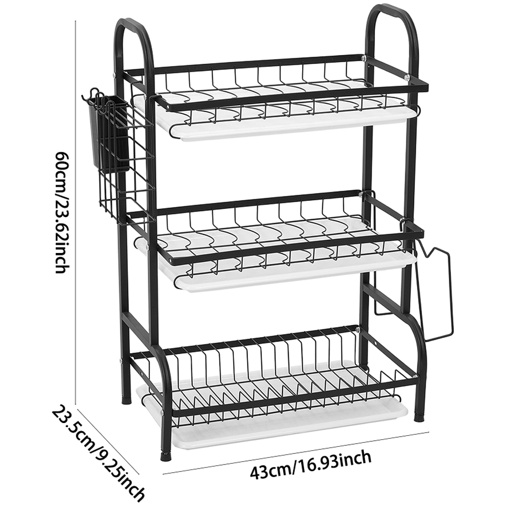 Living and Home 3 Tier Black Kitchen Dish Drying Rack with Drip Tray and Cutlery Holder Image 8