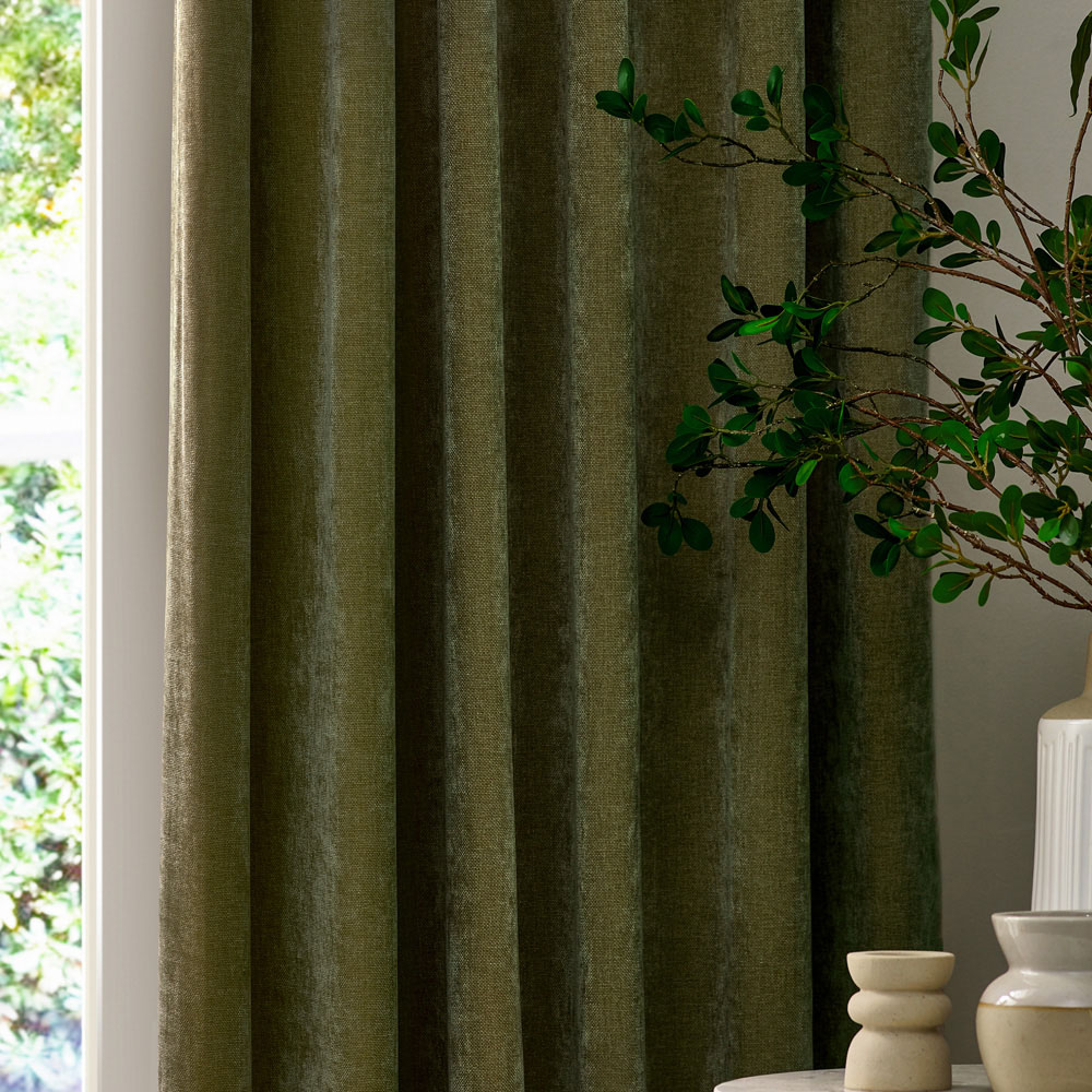 Yard Heavy Olive Chenille Velvet Pencil Pleat Curtains 229 x 229cm Image 2