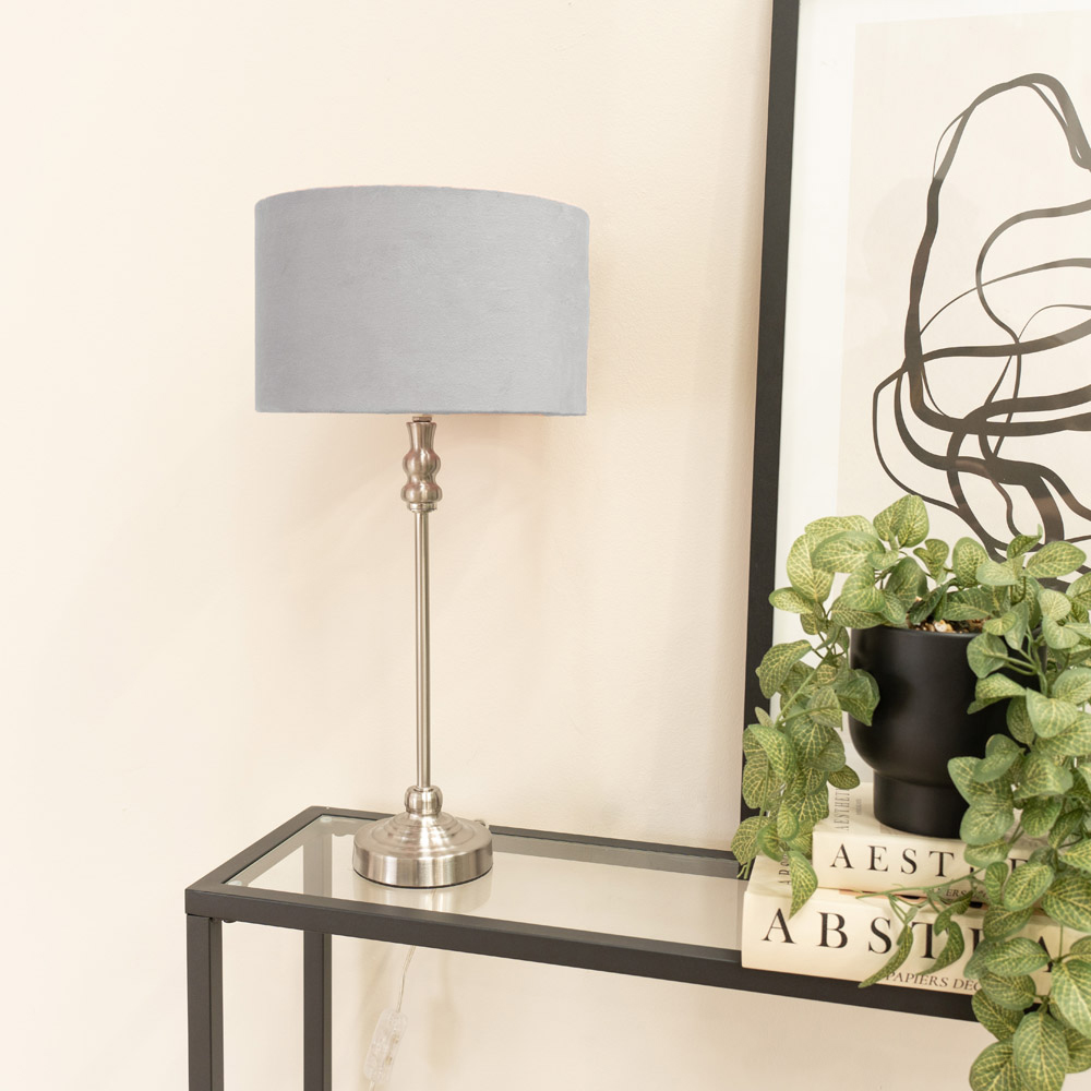 ValueLights Maggie Grey Velvet and Brushed Chrome Drum Shade Candlestick LED Table Lamp Image 3