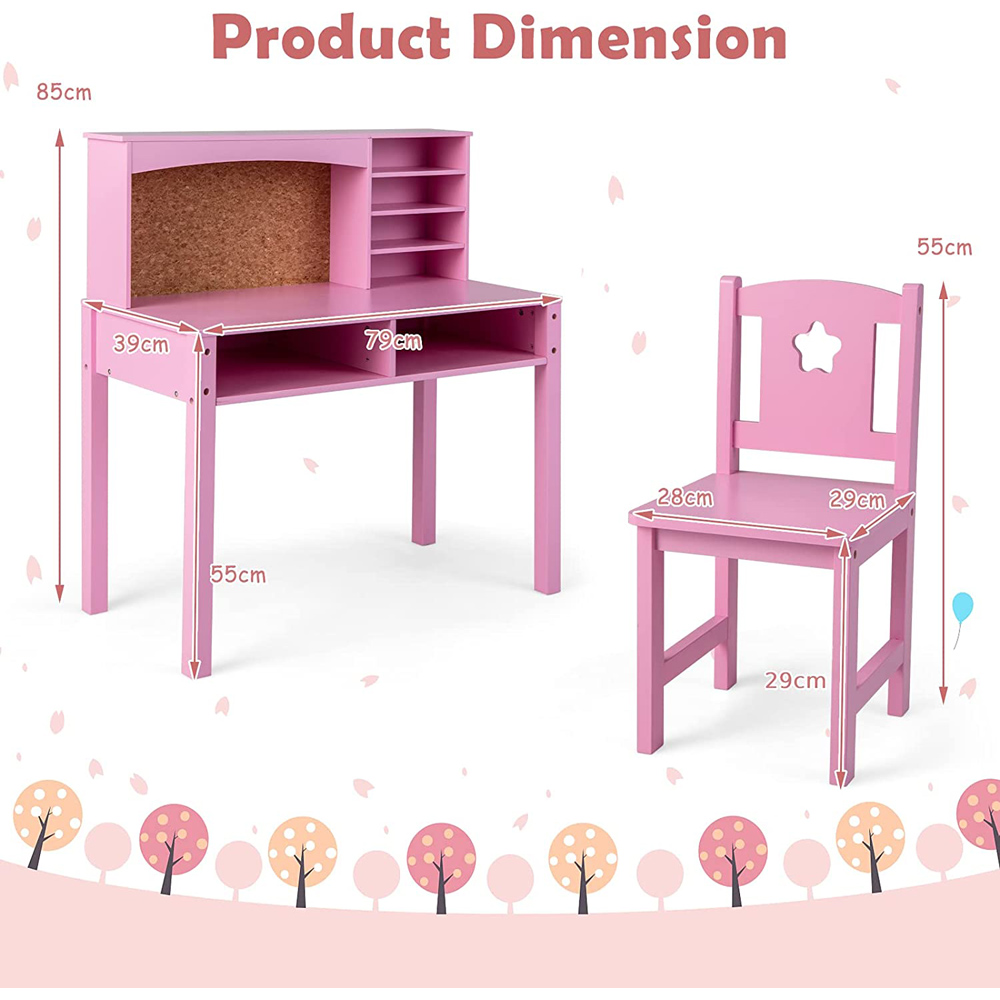 Costway Kids Pink Table and Chair Set with Hutch Image 9