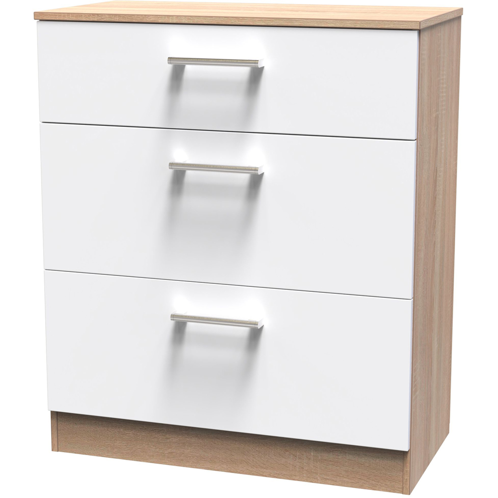 Crowndale Devon 3 Drawer White Matt and Bardolino Oak Deep Chest of Drawers Ready Assembled Image 2