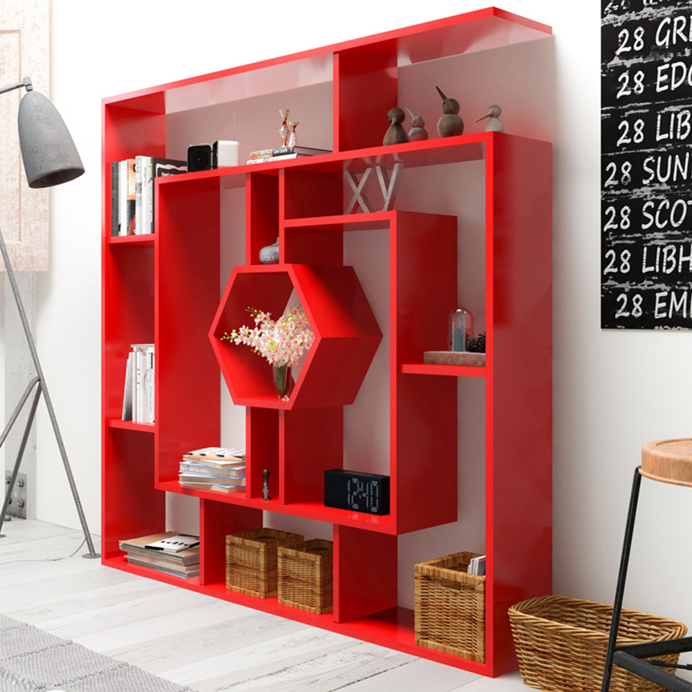 Decorotika Labrina 12 Shelf Red Hexagonal Geometric Bookcase Image 1