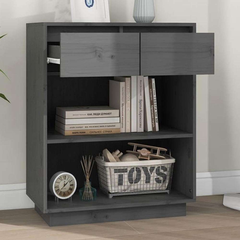 vidaXL 2 Drawer 2 Shelf Grey Solid Pine Wood Console Cabinet Image 1