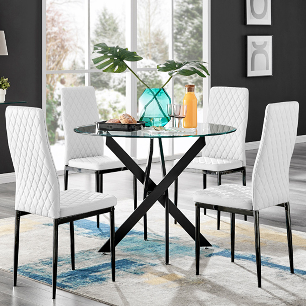 Furniturebox Arona Valera Glass 4 Seater Round Dining Set Black and White Image 1