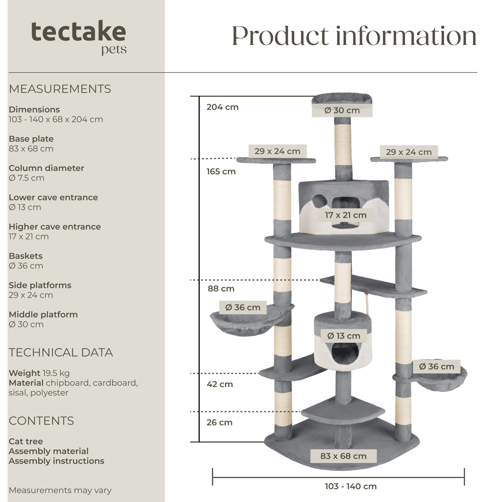 tectake Nelly Grey and White Cat Tree with Scratching Posts 204cm Image 9