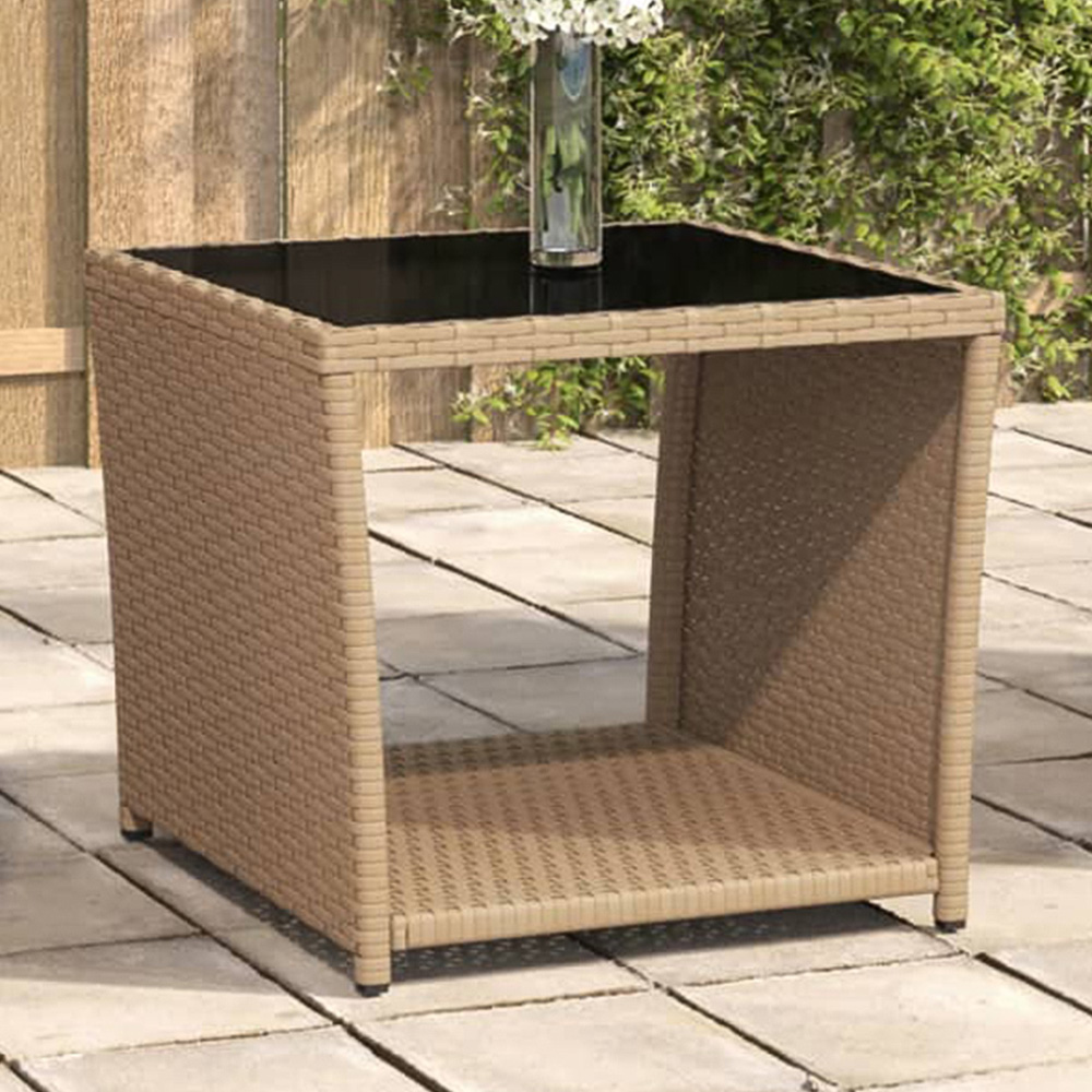 vidaXL Beige Polyrattan and Tempered Glass Tea Table Image 1