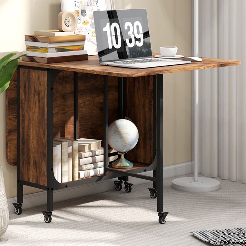 HOMCOM 6 Seater Rustic Brown Drop Leaf Mobile Dining Table Image 1