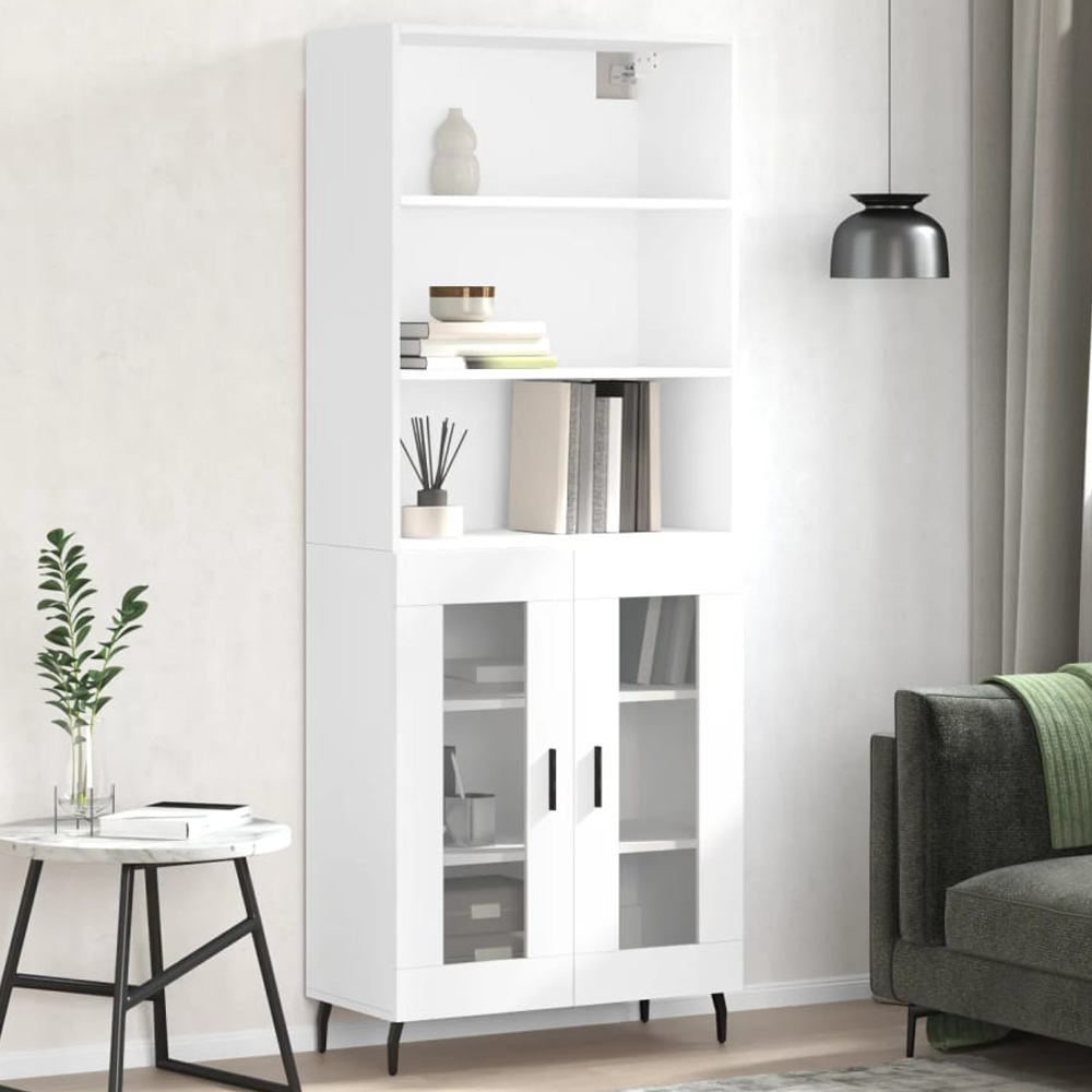 vidaXL 2 Glass Door 3 Open Shelf White Highboard Image