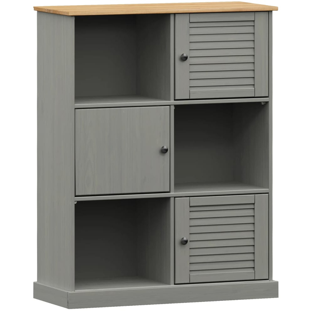 vidaXL 3 Door 3 Shelf Grey Pine Wood Bookcase Image 2