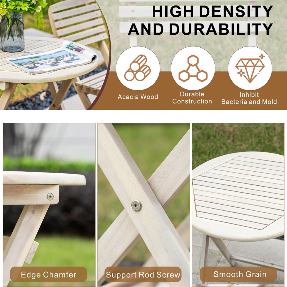 Direct Wicker 2 Seater Sanded Natural Finish Wooden Round Foldable Bistro Set Image 6