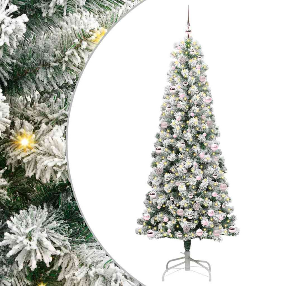 vidaXL Pre-Lit Warm White LED and Pink Baubles Snow Flocked Artificial Christmas Tree 8ft Image 2