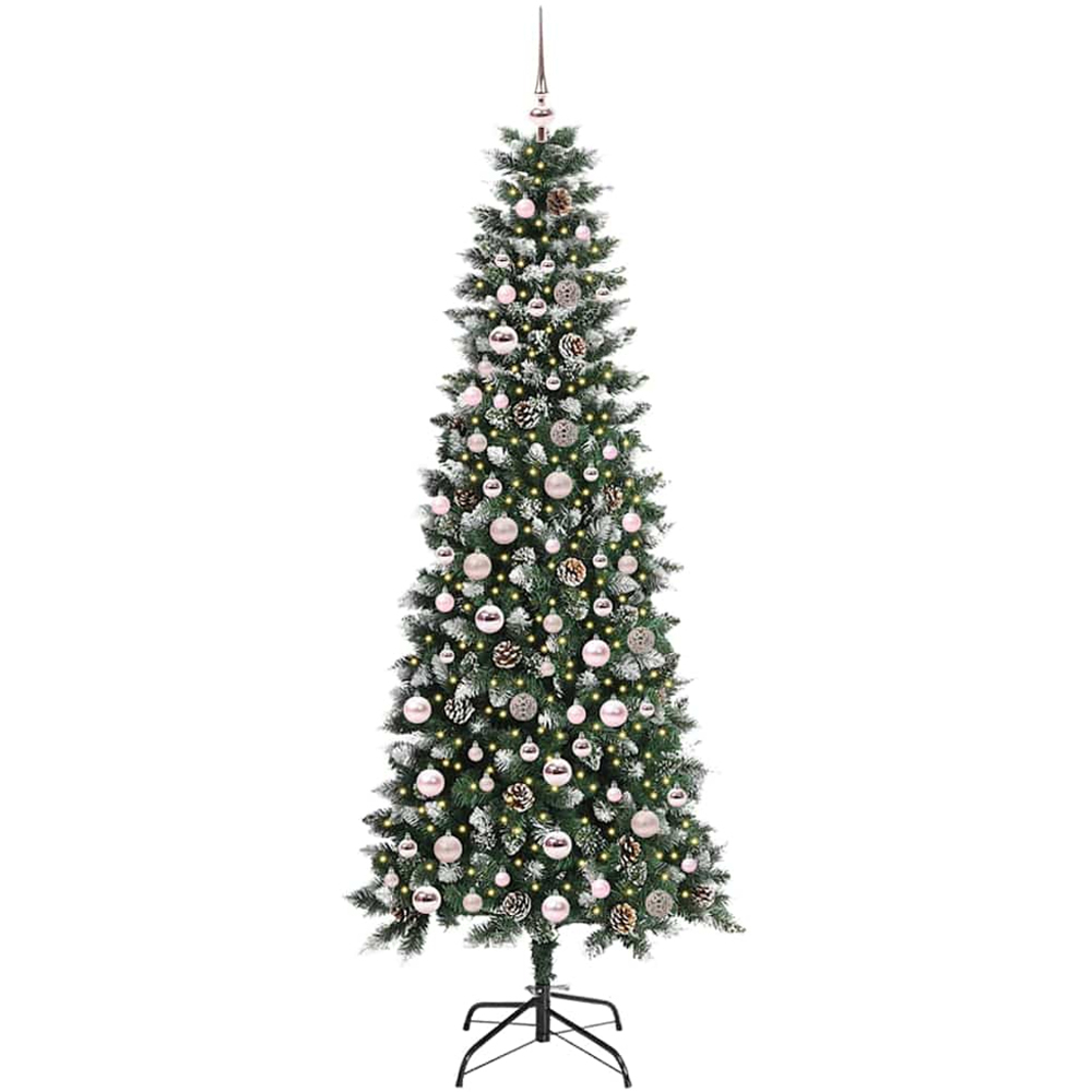 vidaXL Pre-Lit Pink Baubles Green Artificial Snow Tipped Christmas Tree 7ft Image 1