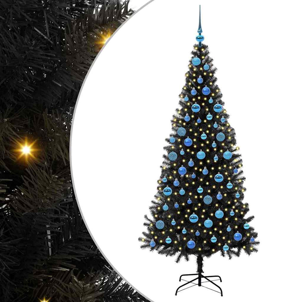vidaXL Pre-Lit Blue Baubles Black Artificial Christmas Tree 6ft Image 2