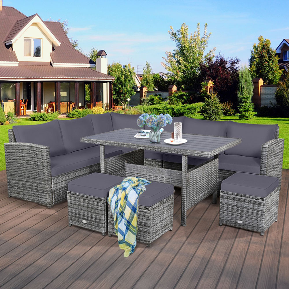 Costway 10 Seater Grey Rattan Patio Lounge Set with Back and Seat Cushions Image 1