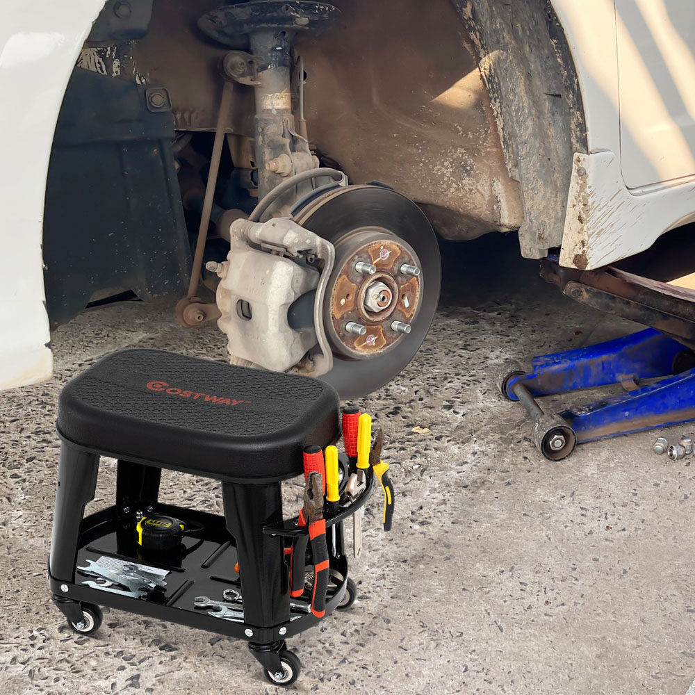 Costway Black Garage Rolling Stool with Equipment Tray and Tool Holder Image 2