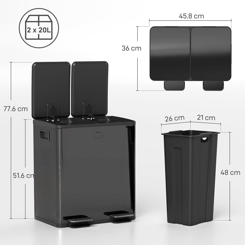 HOMCOM Black Dual Compartment Kitchen Bin 40L Image 9