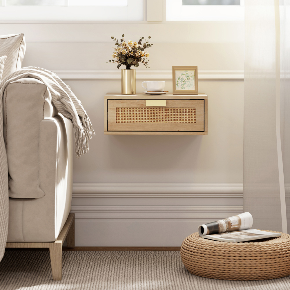 Portland Single Drawer Oak Effect Natural Rattan Boho Floating Nightstand Set of 2 Image 3