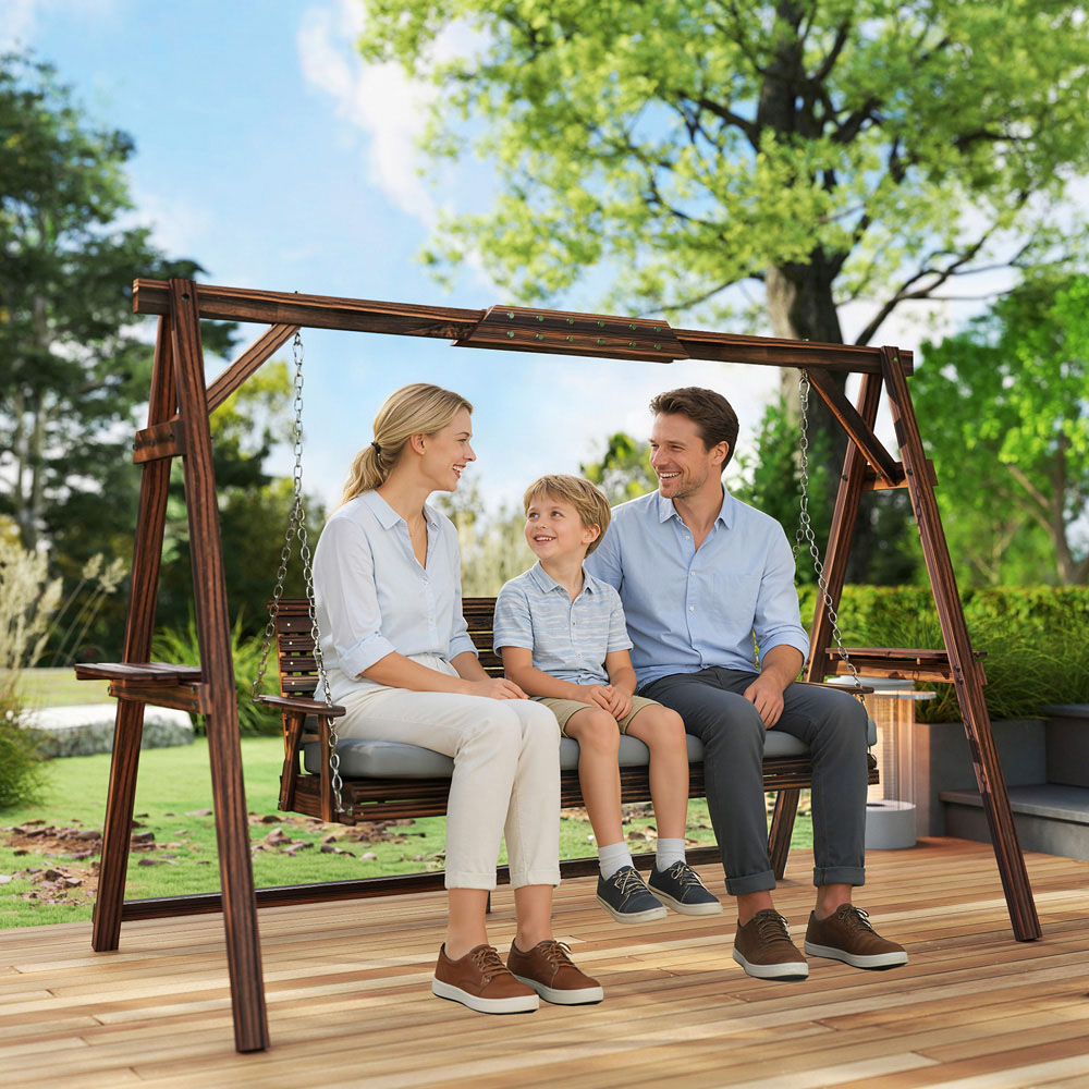 Outsunny 3 Seater Grey Garden Swing Chair with Side Trays and Cushion Image 2