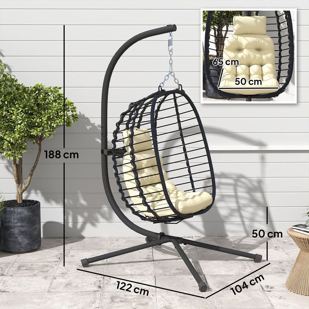 Outsunny Black and Cream White Rattan Hanging Egg Chair with Stand Image 9