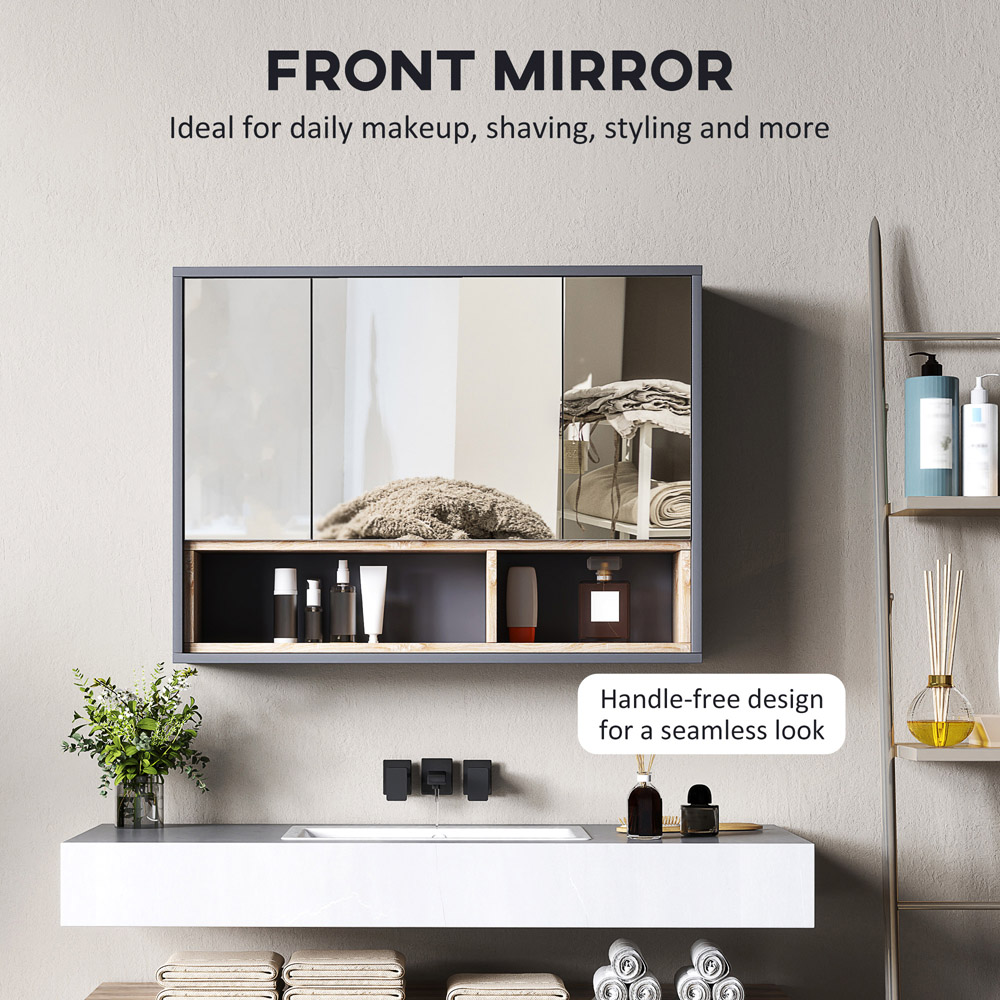 Portland 3 Door 2 Shelf Grey Wall-Mounted Mirrored Bathroom Storage Cabinet Image 6