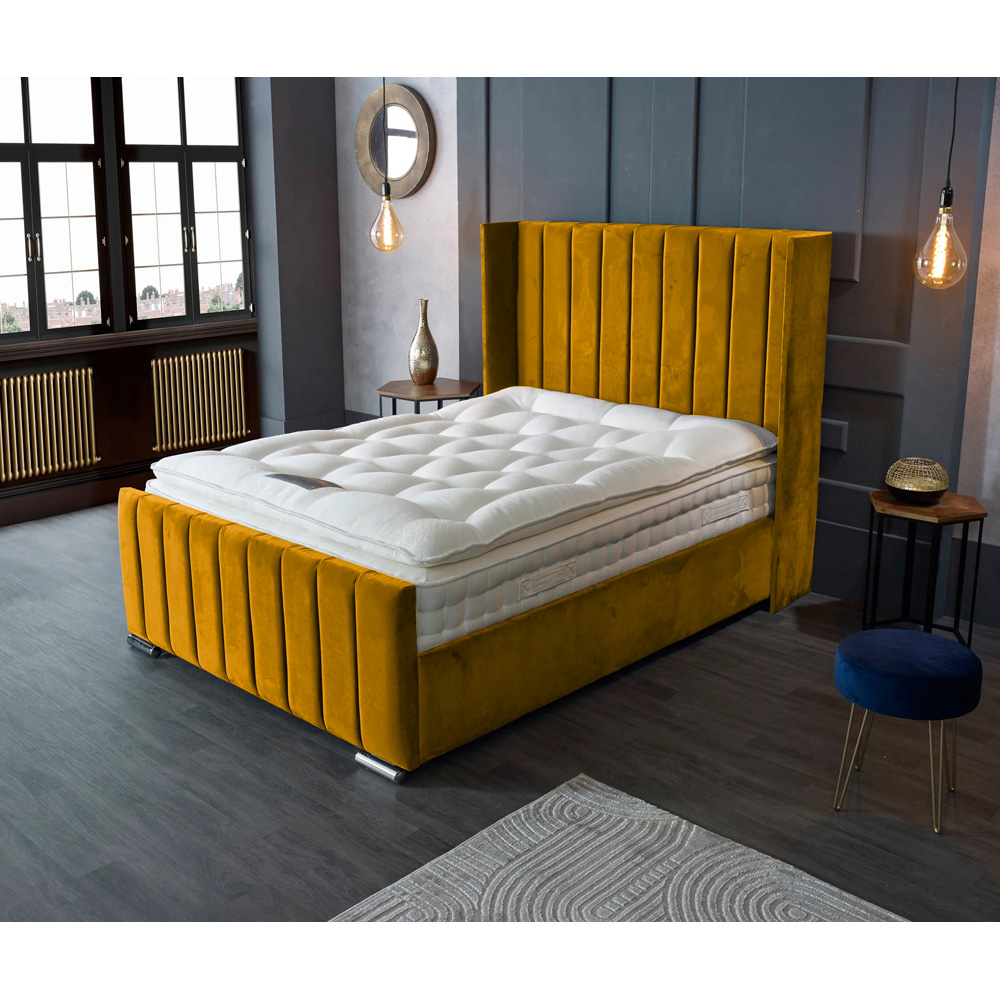 Eleganza Home Meriso Super King Size Mustard Plush Velvet Bed Frame with Winged Headboard Image 3